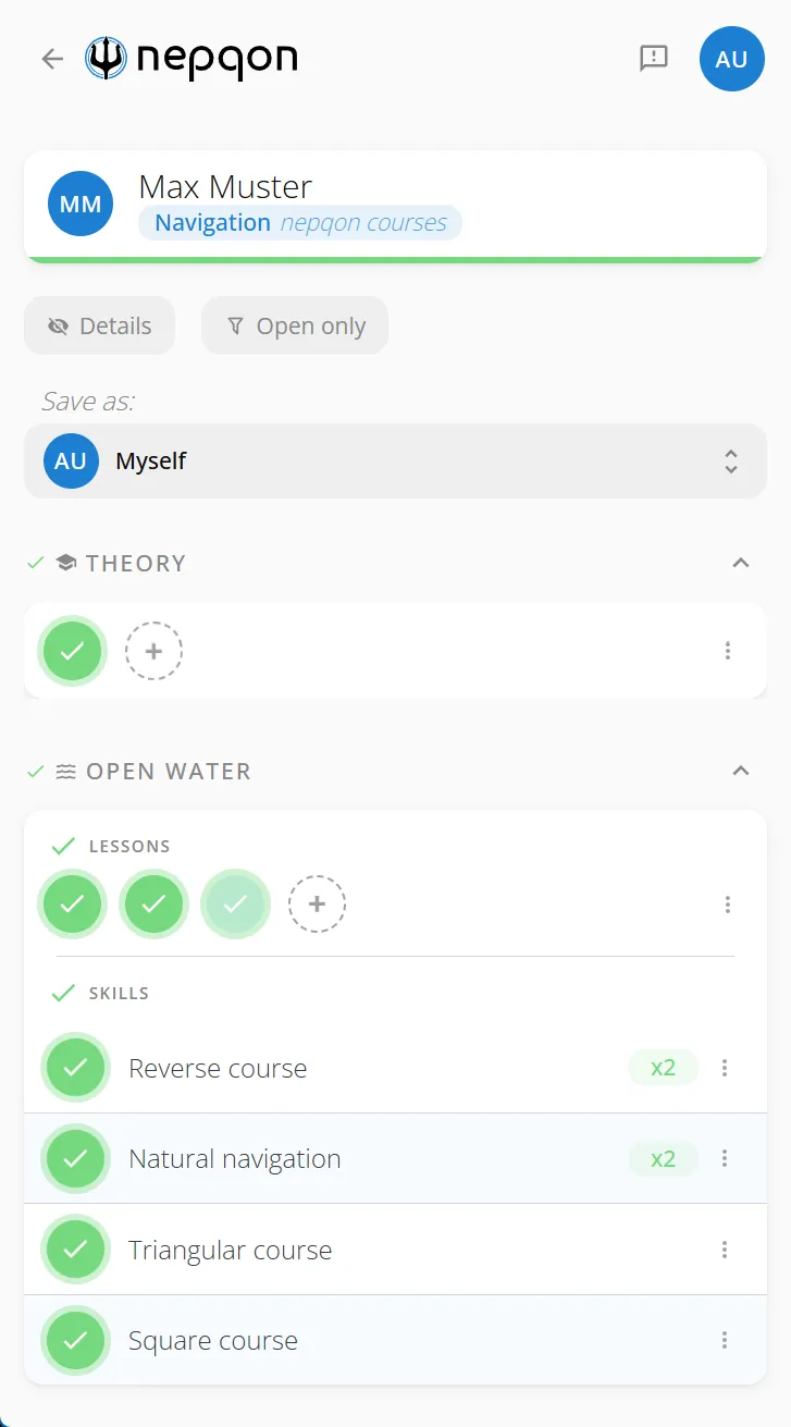 nepqon on a smartphone: the same course with every skill ticked off
