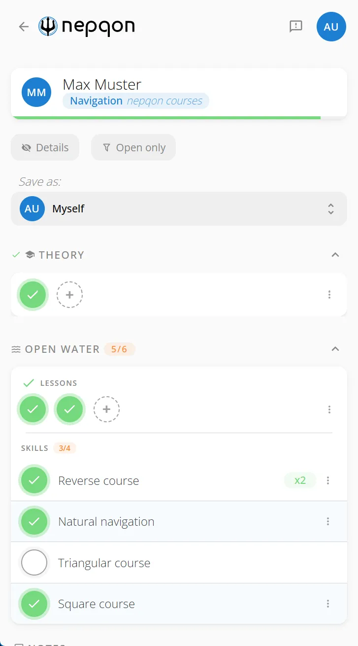 nepqon on a smartphone: a student's course view with open and completed skills