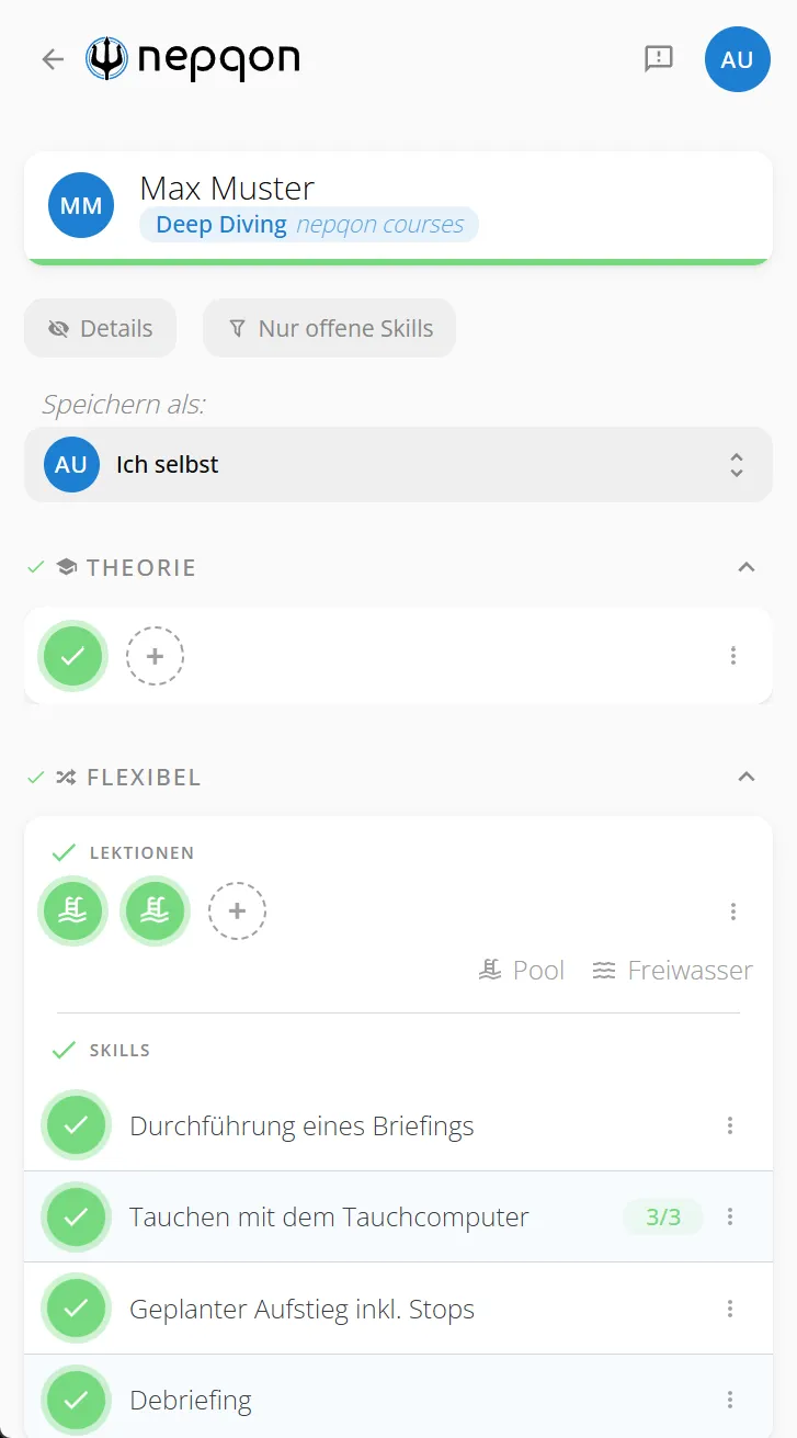 nepqon auf dem Smartphone: derselbe Kurs mit allen Skills abgehakt