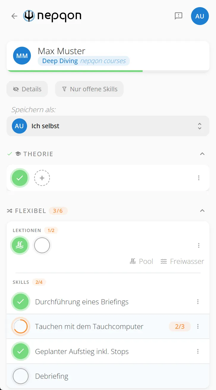 nepqon auf dem Smartphone: Kursansicht eines Schülers mit offenen und erledigten Skills